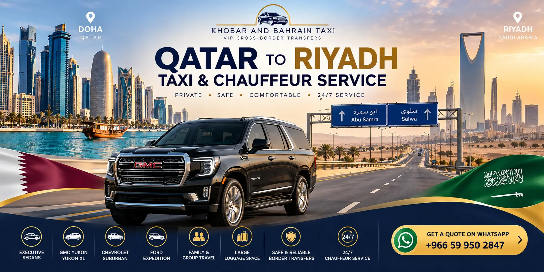Illustrated premium black SUV on the Al Khobar to Dammam taxi route in Saudi Arabia