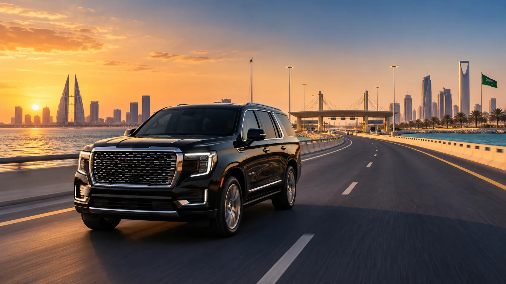 Illustration of a premium black SUV on a Gulf causeway representing Bahrain to Dammam private taxi and chauffeur travel
