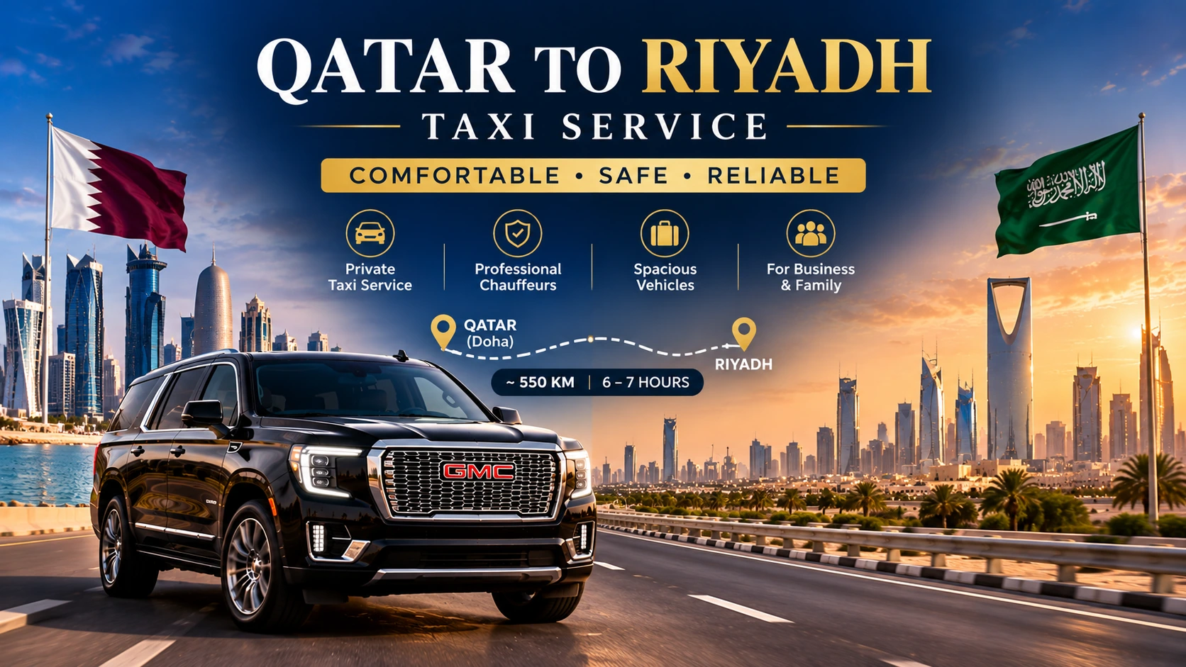 Premium black SUV representing a private chauffeur road journey from Doha Qatar to Riyadh Saudi Arabia