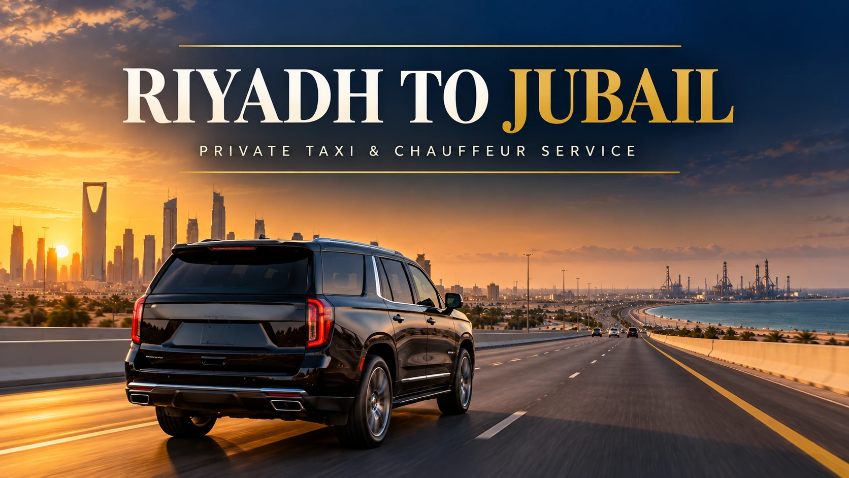Premium black SUV representing Riyadh to Jubail private taxi and chauffeur service across Saudi Arabia